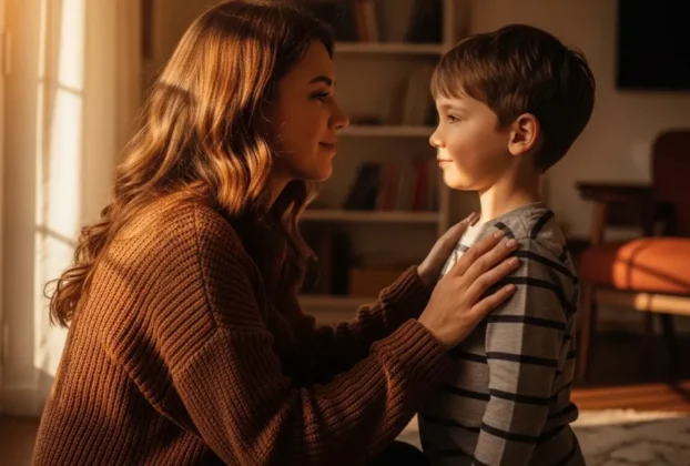 Mãe agachada conversando calmamente com o filho pequeno em uma sala iluminada.