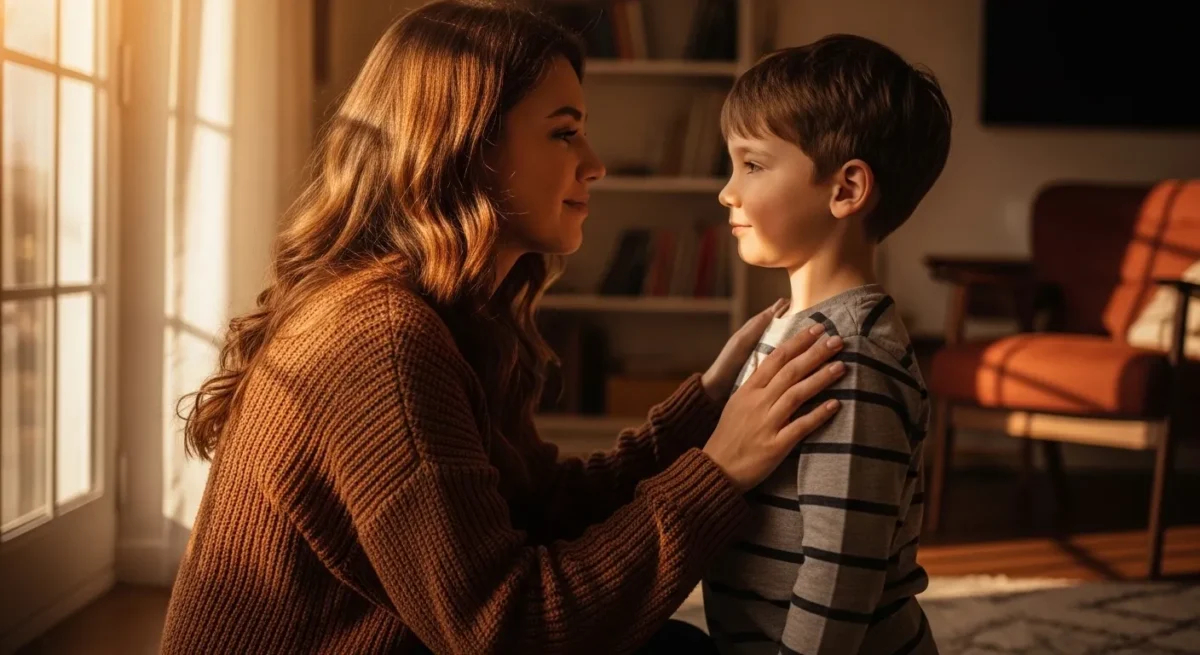 Mãe agachada conversando calmamente com o filho pequeno em uma sala iluminada.