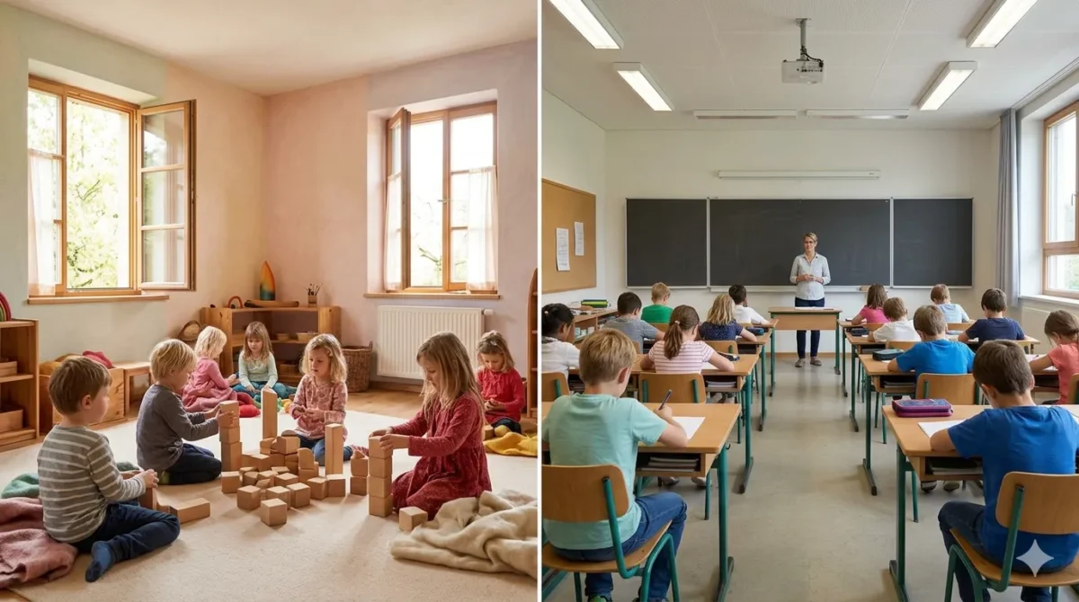 Uma imagem dividida ao meio comparando uma sala de aula Waldorf acolhedora e lúdica com uma sala de aula tradicional estruturada e com carteiras.