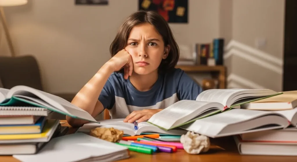 Criança lendo um livro, ilustrando como a repetição pode criar uma ilusão de aprendizado, mas não garante que ela realmente sabe o conteúdo.