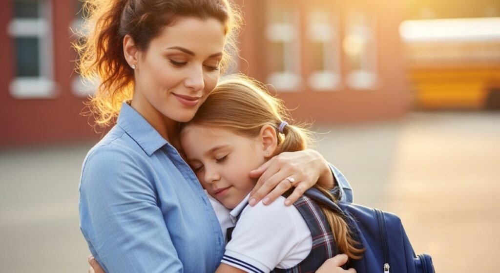 O Cérebro na Mochila: A Neurobiologia da Volta às Aulas que Ninguém Te Contou 4 Mãe abraçando filha uniformizada em frente à escola, transmitindo segurança.