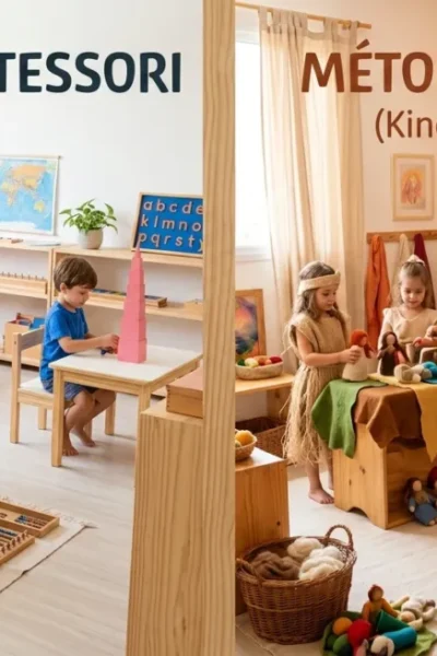 Comparação visual entre os materiais e ambientes da Pedagogia Waldorf e do Método Montessori.