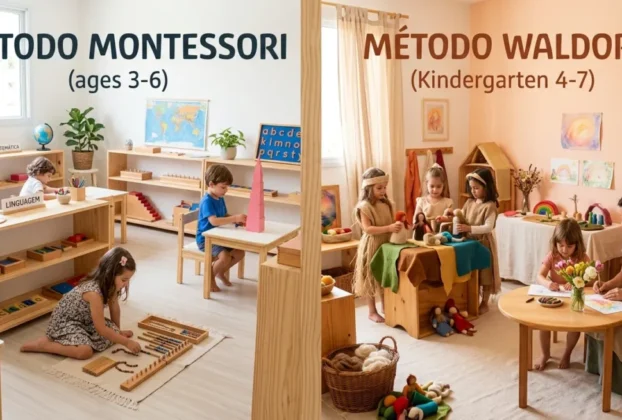 Comparação visual entre os materiais e ambientes da Pedagogia Waldorf e do Método Montessori.