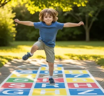 Criança pulando amarelinha com letras para alfabetização.