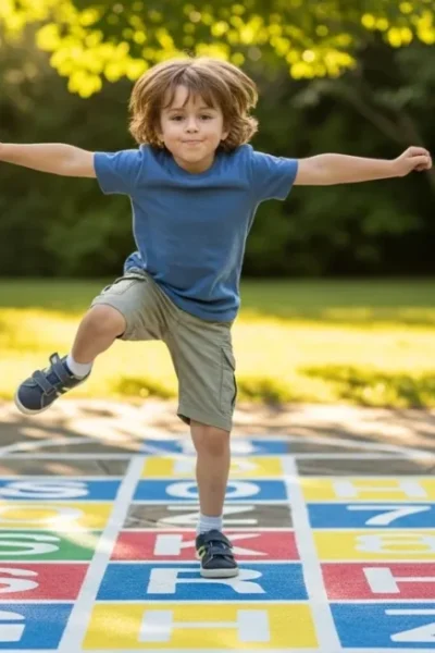 Criança pulando amarelinha com letras para alfabetização.