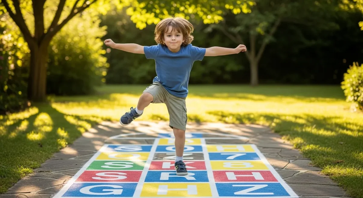 Criança pulando amarelinha com letras para alfabetização.