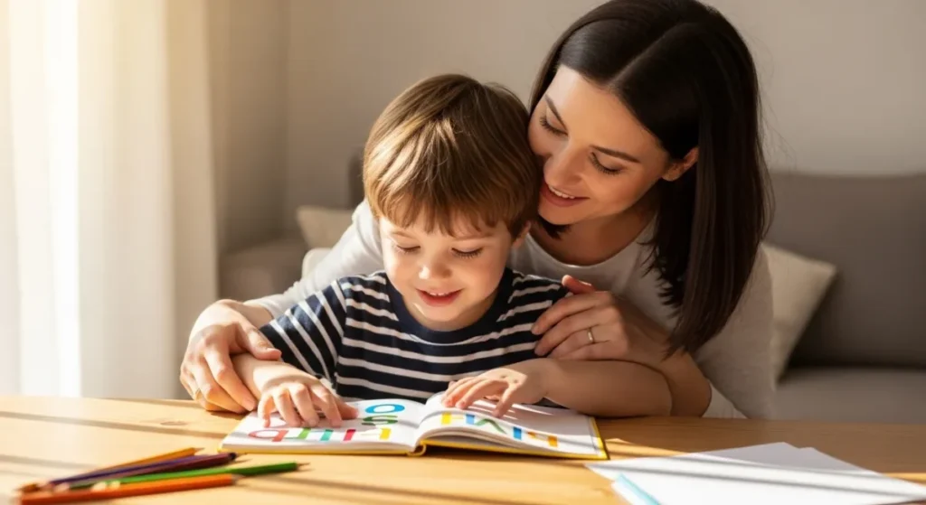 7 erros que você está cometendo na alfabetização do seu filho e como corrigi-los hoje 3 Criança sorridente de 6 anos sentada, com sua mãe, segurando um livro de alfabetização aberto, ambiente de sala de estar aconchegante e iluminado, estilo fotografia profissional.