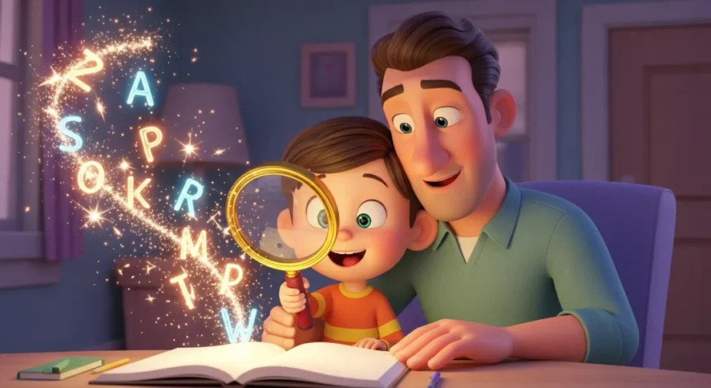 7 erros que você está cometendo na alfabetização do seu filho e como corrigi-los hoje 2 Ilustração 3D em estilo animação de um pai e um filho em um momento de alfabetização lúdica. A criança segura uma lupa sobre um caderno de onde saem letras mágicas e brilhantes, expressando alegria e curiosidade ao descobrir o prazer de aprender a ler e escrever em um ambiente acolhedor.