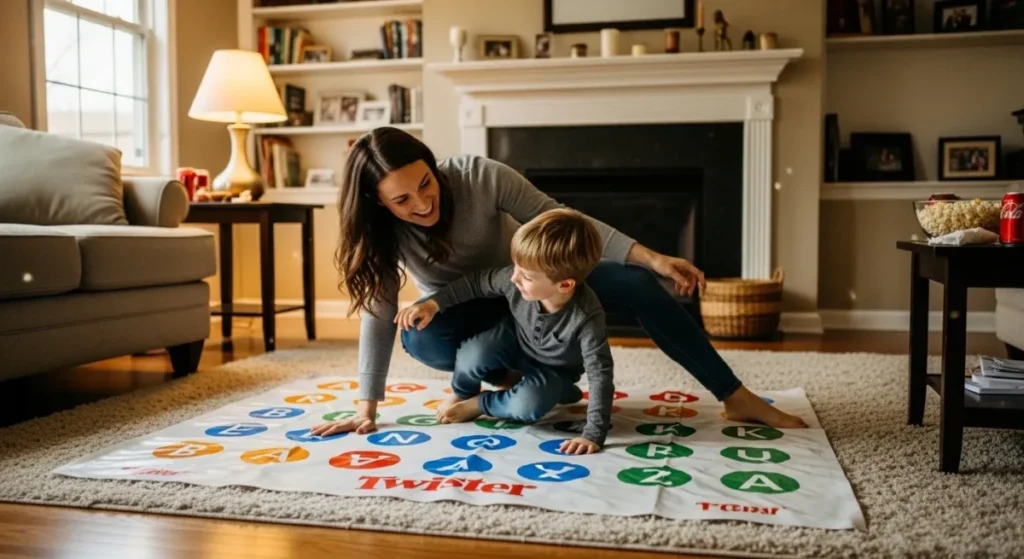 Mãe e filho brincando no chão com tapete de letras.