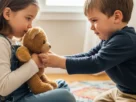 Close em duas crianças de 3 anos disputando um urso de pelúcia; uma segura com força e a outra pede ansiosamente.