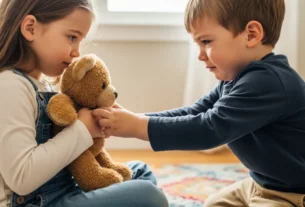 Close em duas crianças de 3 anos disputando um urso de pelúcia; uma segura com força e a outra pede ansiosamente.