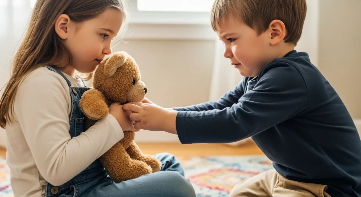 Socialização no Desenvolvimento Infantil: O que fazer quando meu filho não quer dividir? 1 Close em duas crianças de 3 anos disputando um urso de pelúcia; uma segura com força e a outra pede ansiosamente.