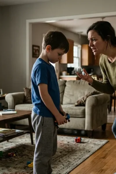 Pai observando uma discussão entre mãe e filho em um momento de tensão familiar