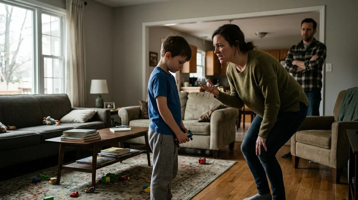 Educação respeitosa na prática: Como parar de gritar e reconstruir a conexão com seu filho 1 Pai observando uma discussão entre mãe e filho em um momento de tensão familiar