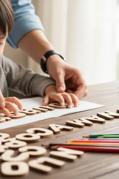 "Fotografia estilo editorial de uma mesa de madeira com livros e letras, mostrando as mãos de um adulto orientando uma criança na alfabetização. A cena transmite paz e progresso educativo através de um suporte afetivo e organizado."