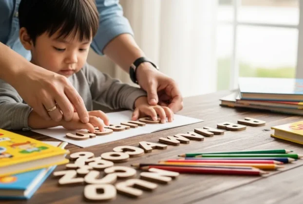 "Fotografia estilo editorial de uma mesa de madeira com livros e letras, mostrando as mãos de um adulto orientando uma criança na alfabetização. A cena transmite paz e progresso educativo através de um suporte afetivo e organizado."