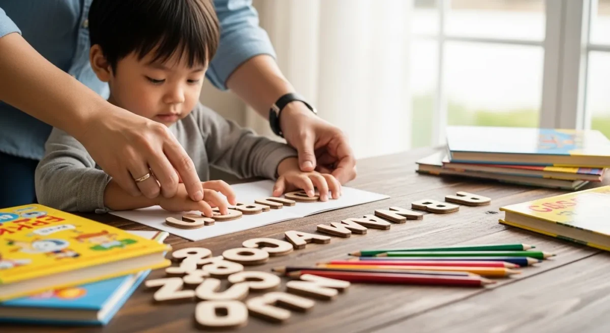 7 erros que você está cometendo na alfabetização do seu filho e como corrigi-los hoje 1 "Fotografia estilo editorial de uma mesa de madeira com livros e letras, mostrando as mãos de um adulto orientando uma criança na alfabetização. A cena transmite paz e progresso educativo através de um suporte afetivo e organizado."