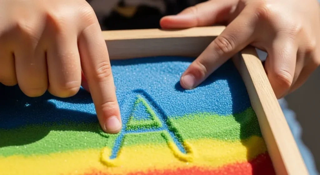 Alfabetização corporal, mão de criança desenhando letra na areia.