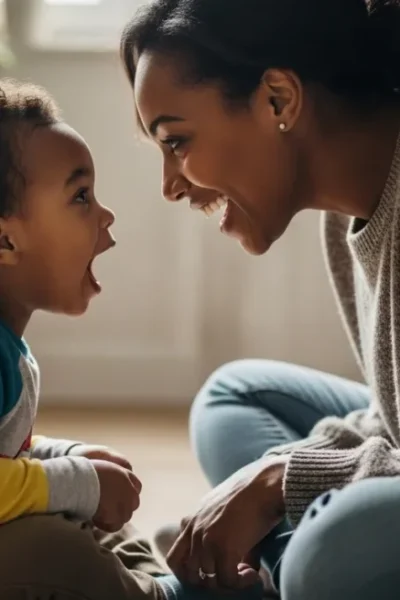Mãe e filho pequeno sentados no chão conversando olho no olho.
