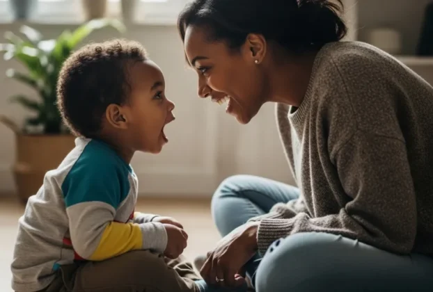 Mãe e filho pequeno sentados no chão conversando olho no olho.