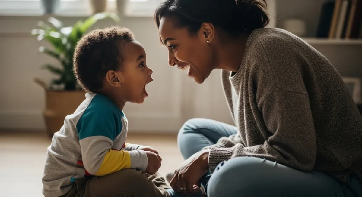 Mãe e filho pequeno sentados no chão conversando olho no olho.