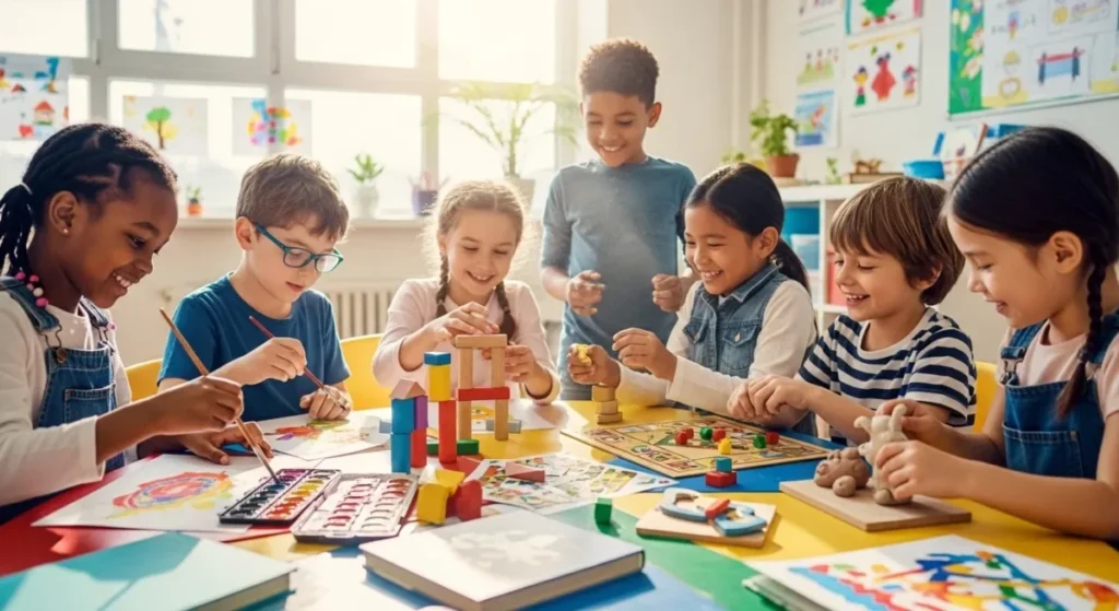 Socialização no Desenvolvimento Infantil: O que fazer quando meu filho não quer dividir? 3 Crianças diversas brincando juntas ao redor de uma mesa.
