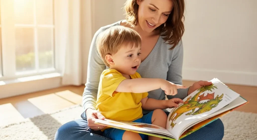 O Guia da Neurociência sobre o Desenvolvimento Infantil: Entendendo as fases do seu filho 2 Mulher lendo para uma criança pequena em um ambiente doméstico acolhedor.