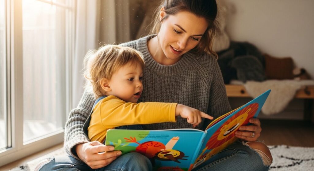 Mãe ajuda a estimular a fala do seu filho enquanto lê  um livro colorido  para ele.