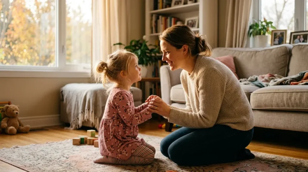Educação respeitosa na prática: Como parar de gritar e reconstruir a conexão com seu filho 2 Mãe e filha unidas em gesto de apoio durante a educação respeitosa.