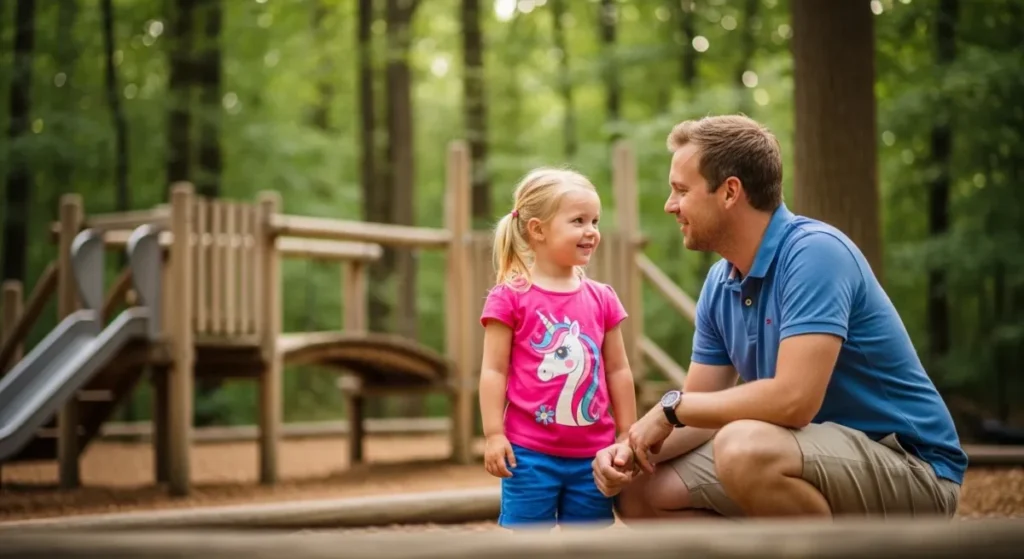 Socialização no Desenvolvimento Infantil: O que fazer quando meu filho não quer dividir? 2 Pai se solializando para ajudar sua filha no desenvolvimento infantil. Ele conversa com empatia sobre dividir.
