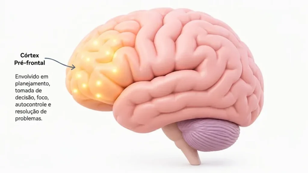 Ilustração tridimensional amigável do cérebro humano destacando a região do córtex pré-frontal com luzes suaves.