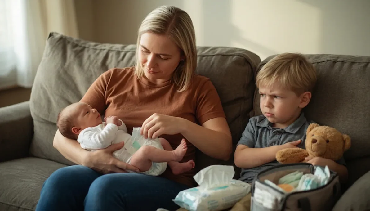 Ciúmes do novo irmãozinho: Guia definitivo para acolher o filho mais velho e restaurar a harmonia no lar 1 Menino de 4 anos sentado no sofá olhando com expressão de ciúmes do novo irmãozinho que está no colo da mãe.