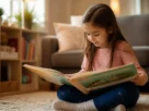 Criança de seis anos sentada em um tapete acolhedor olhando com curiosidade para um livro infantil ilustrado.