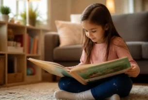 Criança de seis anos sentada em um tapete acolhedor olhando com curiosidade para um livro infantil ilustrado.