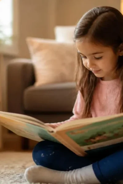 Criança de seis anos sentada em um tapete acolhedor olhando com curiosidade para um livro infantil ilustrado.