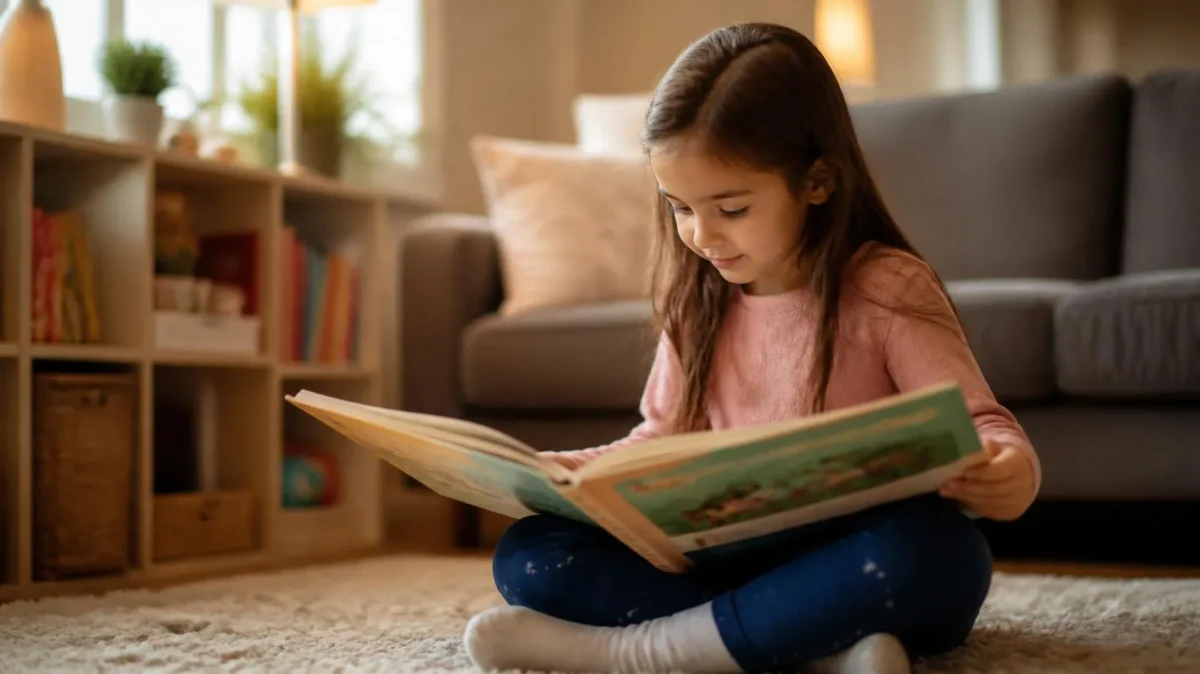 Criança de seis anos sentada em um tapete acolhedor olhando com curiosidade para um livro infantil ilustrado.