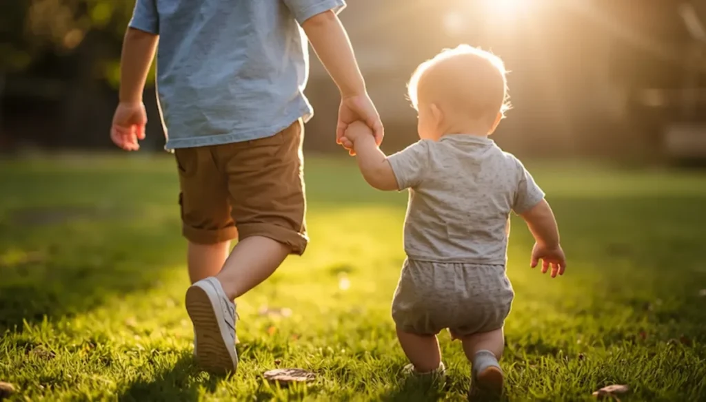 Ciúmes do novo irmãozinho: Guia definitivo para acolher o filho mais velho e restaurar a harmonia no lar 4 Irmão mais velho de mãos dadas com o irmão caçula caminhando felizes em um jardim ensolarado.