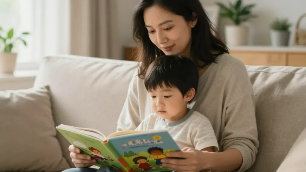 Mãe e filho sentados no sofá sorrindo enquanto leem juntos um livro de histórias infantis.