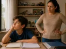 Criança sentada à mesa com caderno aberto, mostrando resistência para estudar, enquanto a mãe observa com expressão de estresse.