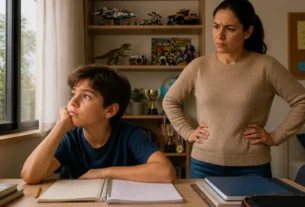 Criança sentada à mesa com caderno aberto, mostrando resistência para estudar, enquanto a mãe observa com expressão de estresse.