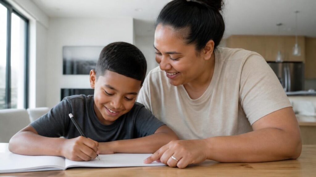 Mãe e filho sentados juntos à mesa sorrindo enquanto a menino faz a lição de casa no caderno.