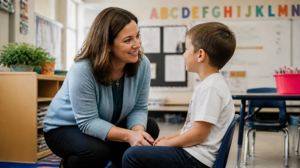 Professora sorridente conversando carinhosamente com aluno do primeiro ano em uma sala de aula colorida.