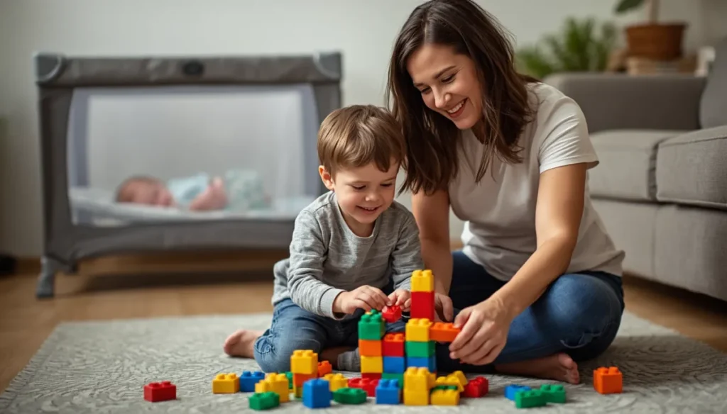Ciúmes do novo irmãozinho: Guia definitivo para acolher o filho mais velho e restaurar a harmonia no lar 3 Mãe e filho mais velho brincando felizes no chão da sala, garantindo tempo exclusivo para evitar o ciúmes do novo irmãozinho.