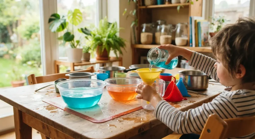 Brincadeiras Educativas: 4 Ideias Sensoriais para Desenvolver os Sentidos e a Coordenação em Casa 3 Criança realizando atividades sensoriais com água e recipientes em casa.