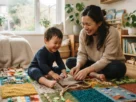Mãe e filho sorrindo enquanto participam de brincadeiras educativas sensoriais em casa.