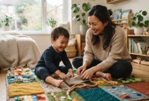 Mãe e filho sorrindo enquanto participam de brincadeiras educativas sensoriais em casa.
