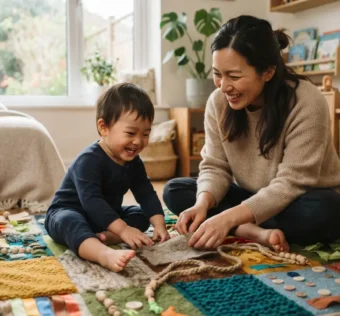 Mãe e filho sorrindo enquanto participam de brincadeiras educativas sensoriais em casa.