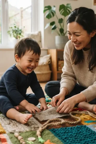 Mãe e filho sorrindo enquanto participam de brincadeiras educativas sensoriais em casa.