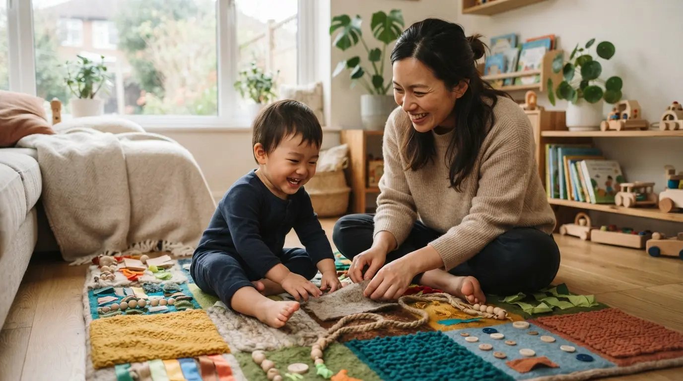 Brincadeiras Educativas: 4 Ideias Sensoriais para Desenvolver os Sentidos e a Coordenação em Casa 1 Mãe e filho sorrindo enquanto participam de brincadeiras educativas sensoriais em casa.