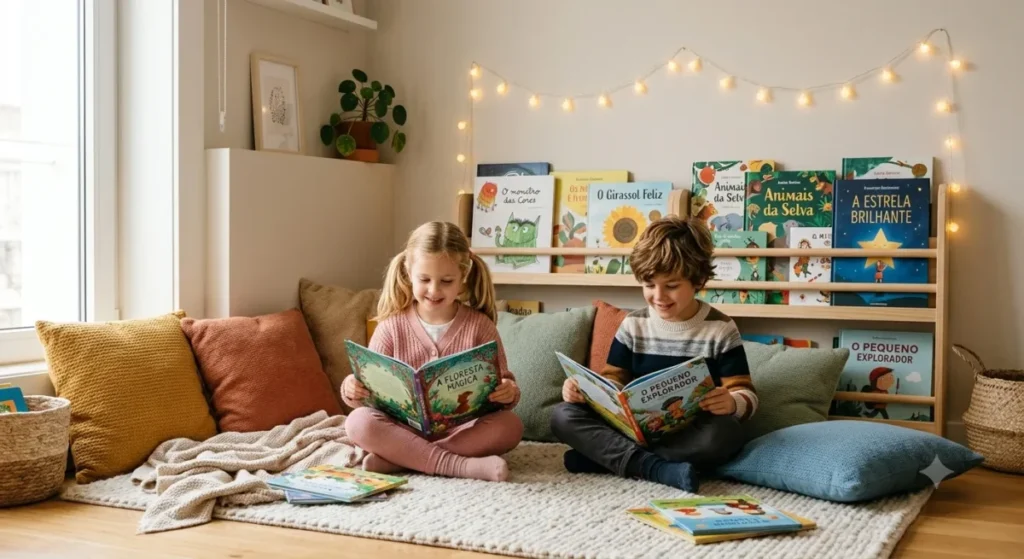 Cantinho de leitura infantil decorado com almofadas macias e estante baixa cheia de livros coloridos.